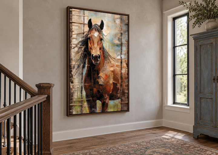 Rustic farm horse framed canvas wall art in a walnut frame on a neutral staircase landing wall.