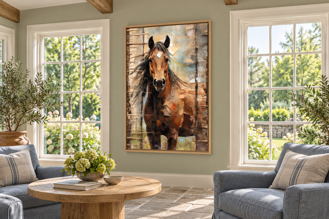 Rustic farm horse framed canvas wall art hanging in a sunlit living room between two large windows.