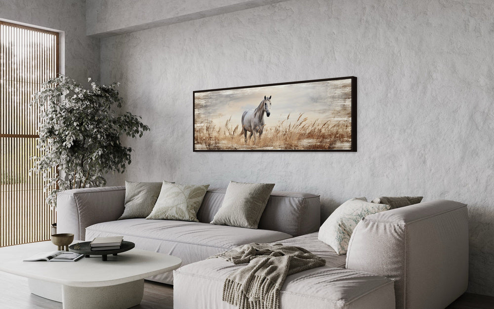 Farm Horse in The Field Panoramic Farmhouse Framed Canvas Wall Art