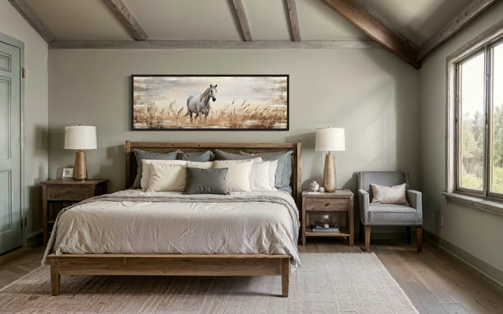 Farm Horse in The Field Panoramic Farmhouse Framed Canvas Wall Art