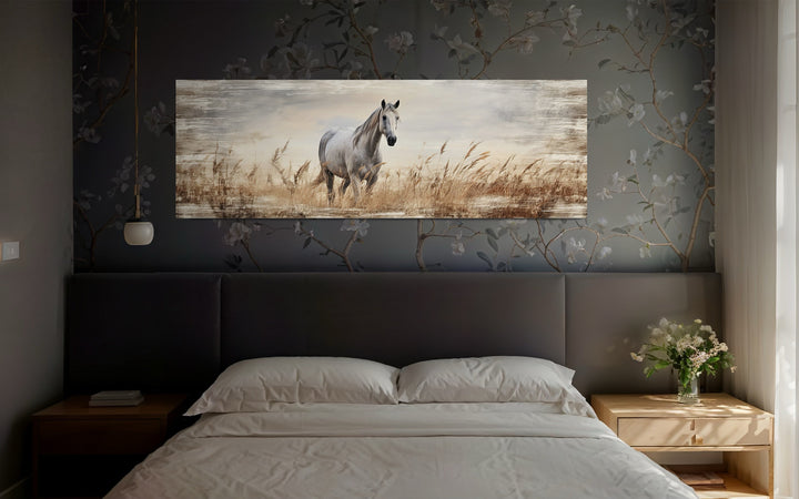 Farm Horse in The Field Panoramic Farmhouse Framed Canvas Wall Art