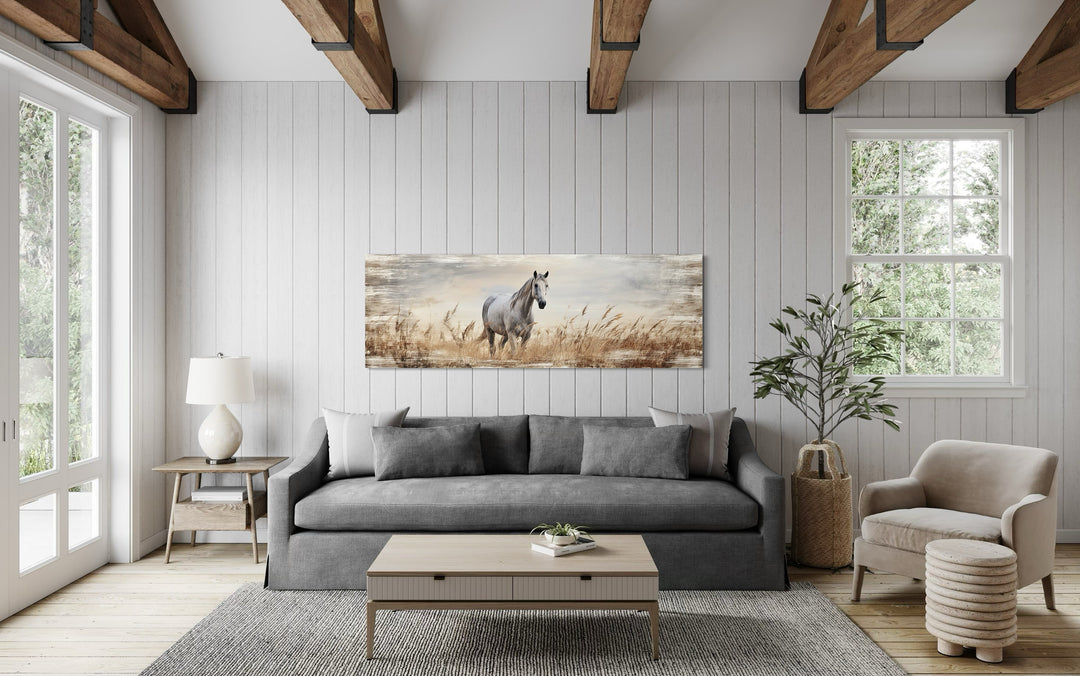 Farm Horse in The Field Panoramic Farmhouse Framed Canvas Wall Art