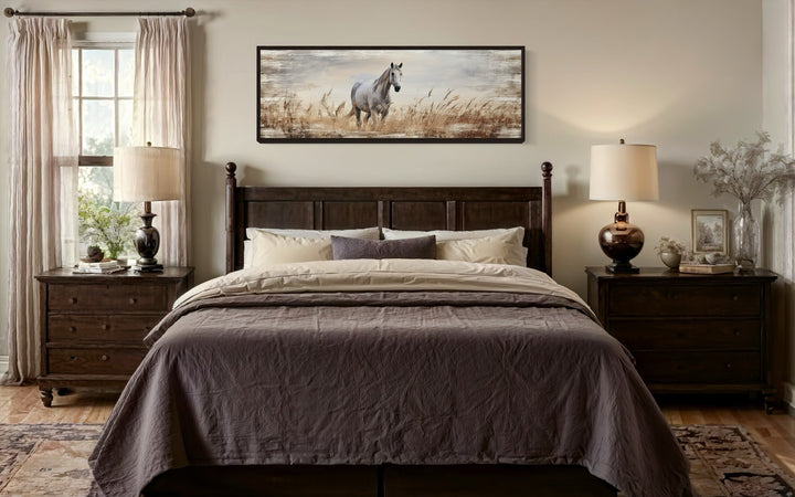 Farm Horse in The Field Panoramic Farmhouse Framed Canvas Wall Art