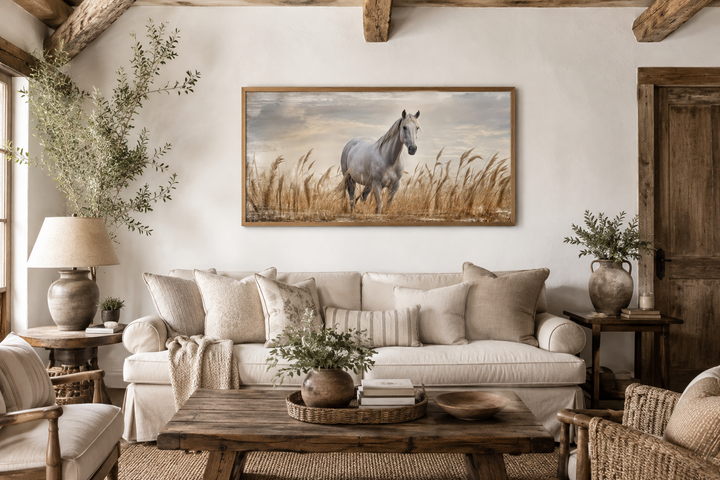 Farm Horse in The Wheat Field Farmhouse Framed Canvas Wall Art above a neutral farmhouse sofa.