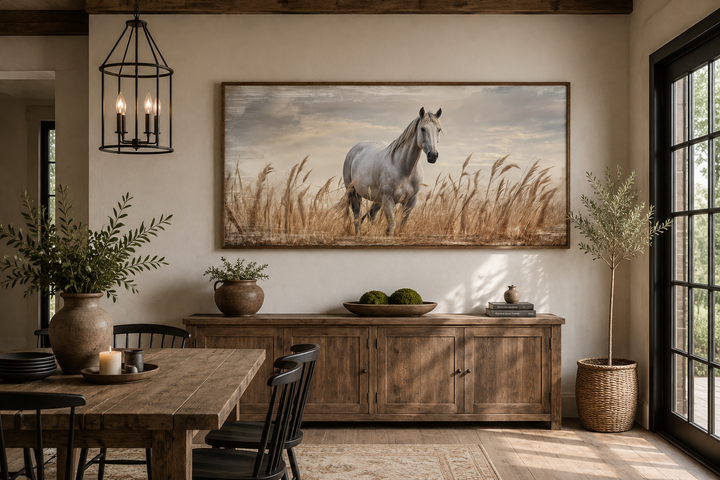 Farmhouse framed canvas wall art featuring a white horse in a golden wheat field above a sideboard.