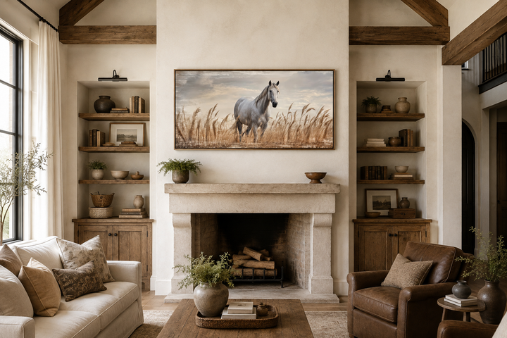 Farmhouse framed canvas wall art featuring a white horse in a golden wheat field above a fireplace.