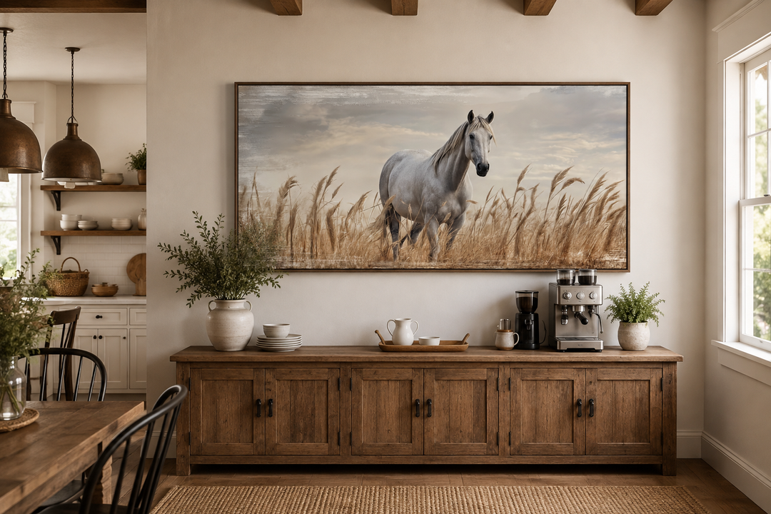 Farm horse in a wheat field framed canvas wall art above a rustic wooden sideboard.