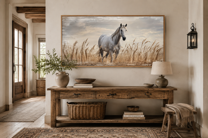 Farmhouse framed canvas wall art featuring a white horse in a golden wheat field.