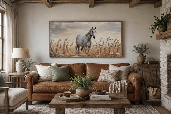 Farmhouse framed canvas wall art of a white horse in a golden wheat field above a leather sofa.