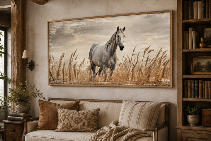 Framed canvas wall art of a white horse standing in a golden wheat field above a farmhouse sofa.