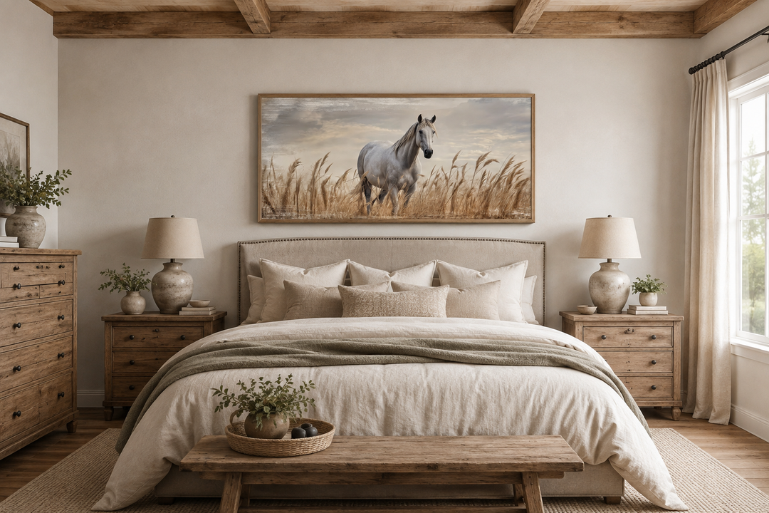 Farmhouse framed canvas wall art of a white horse in a wheat field above a bed in a rustic bedroom.