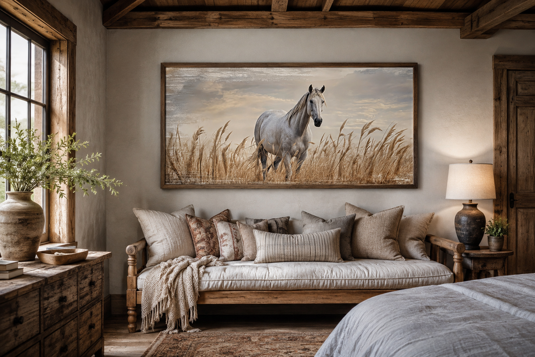 Framed canvas wall art of a white horse in a golden wheat field above a rustic farmhouse daybed.