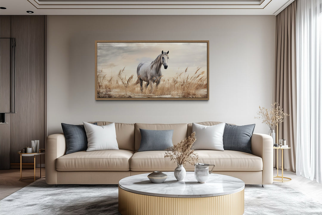 Farm Horse in The Wheat Field Farmhouse Framed Canvas Wall Art