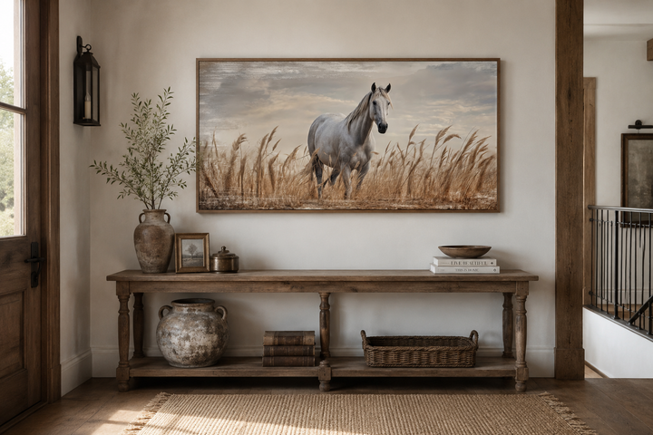 Framed canvas wall art of a white horse in a golden wheat field above a rustic console table.