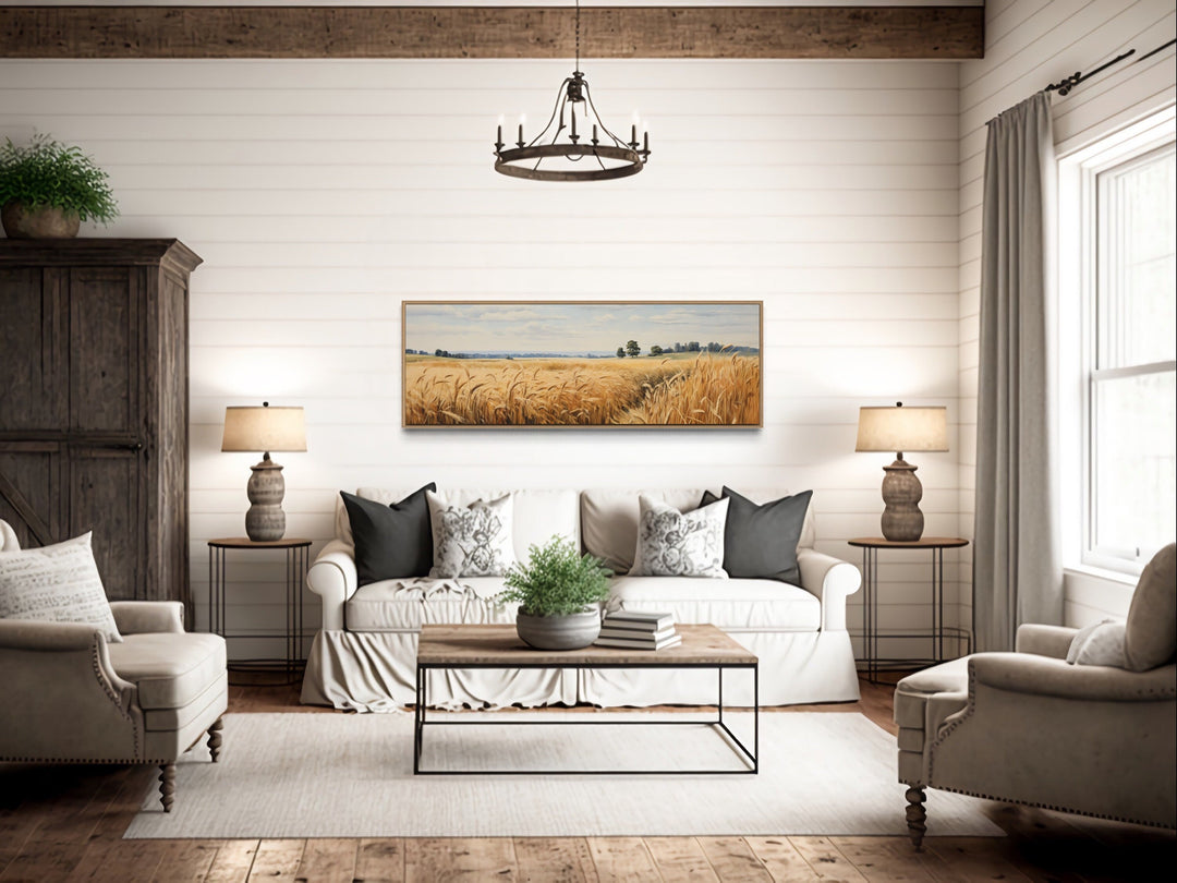 Farmhouse Wall Decor - Farm Landscape Wheat Field Horizontal Framed Canvas Wall Art