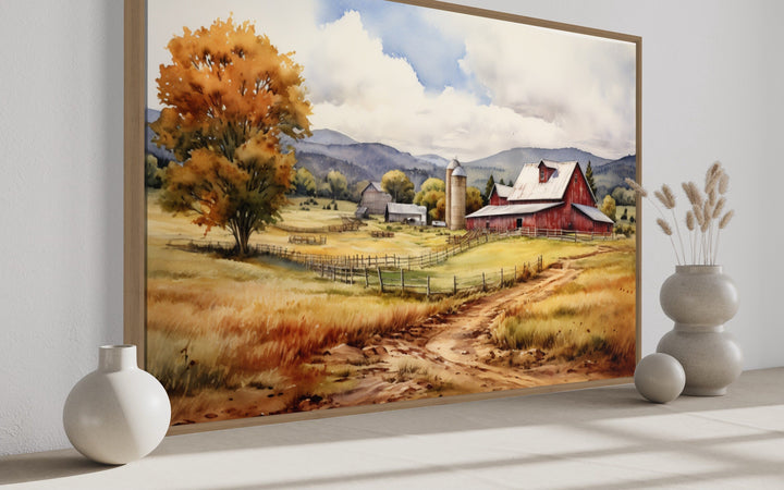 Farm Scene Painting With Red Barn in The Field Framed Canvas Wall Art