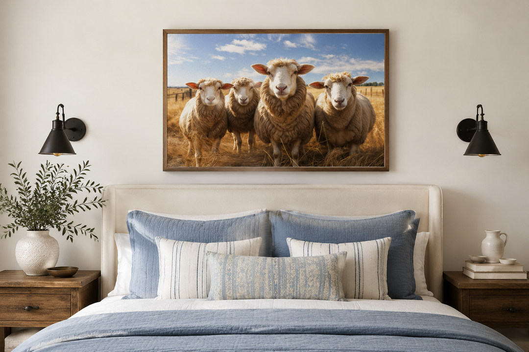 Farm sheep in the field framed canvas wall art hanging above a bed in a farmhouse-style bedroom.