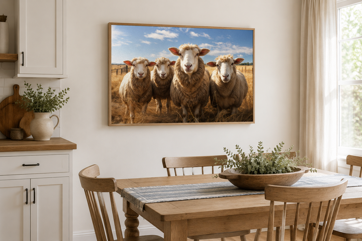 Framed canvas wall art of four sheep in a field, hanging in a farmhouse kitchen above a dining table.