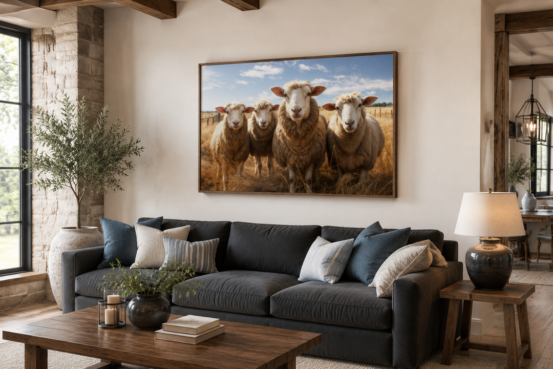 Farm sheep in the field framed canvas wall art hanging above a dark sofa in a rustic living room.