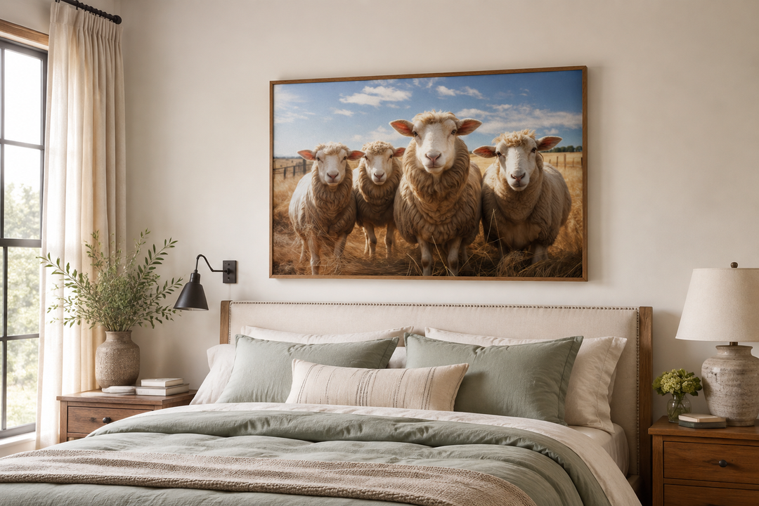 Framed canvas wall art of four sheep in a field, hanging above a bed in a farmhouse-style bedroom.