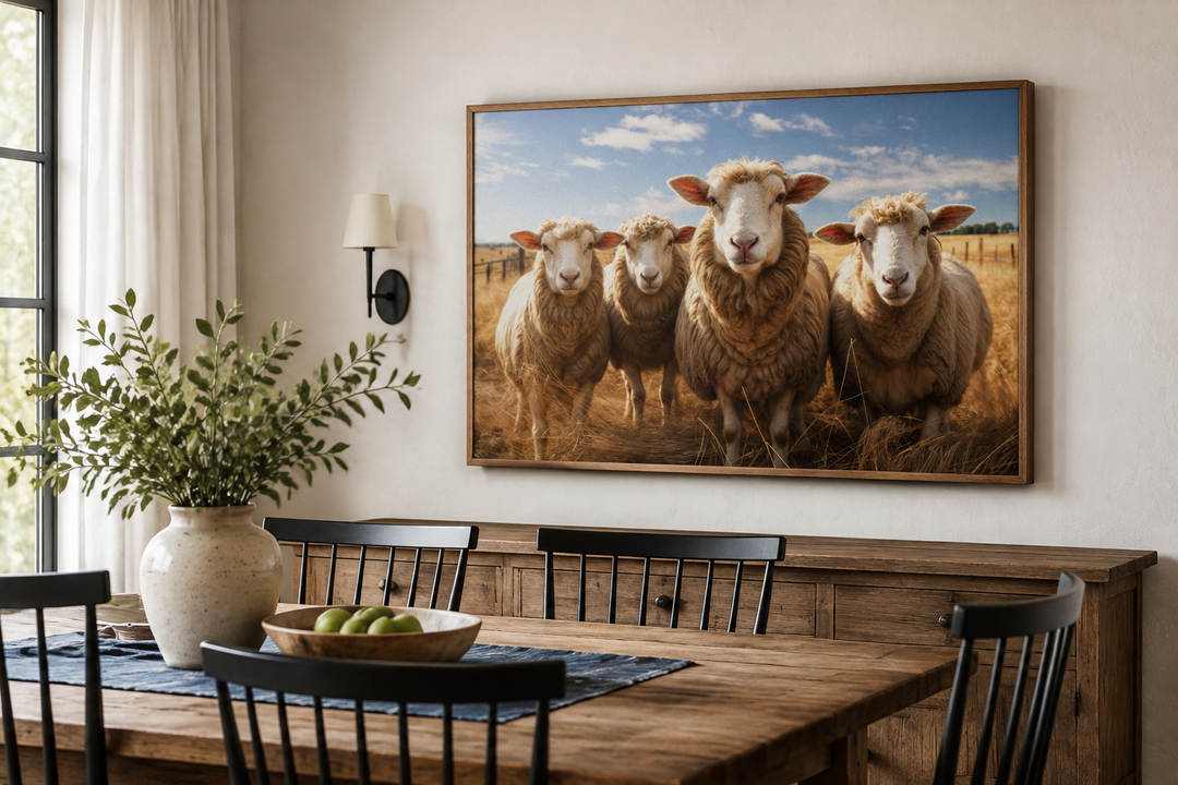 Farm sheep in the field framed canvas wall art hanging in a rustic farmhouse dining room.