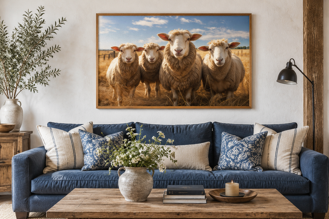 Farm sheep in the field framed canvas wall art hanging above a blue sofa in a farmhouse living room.