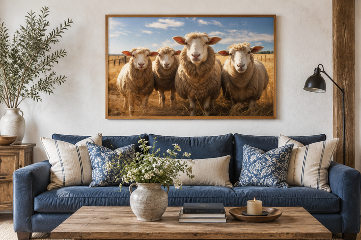 Farm sheep in the field framed canvas wall art hanging above a blue sofa in a farmhouse living room.