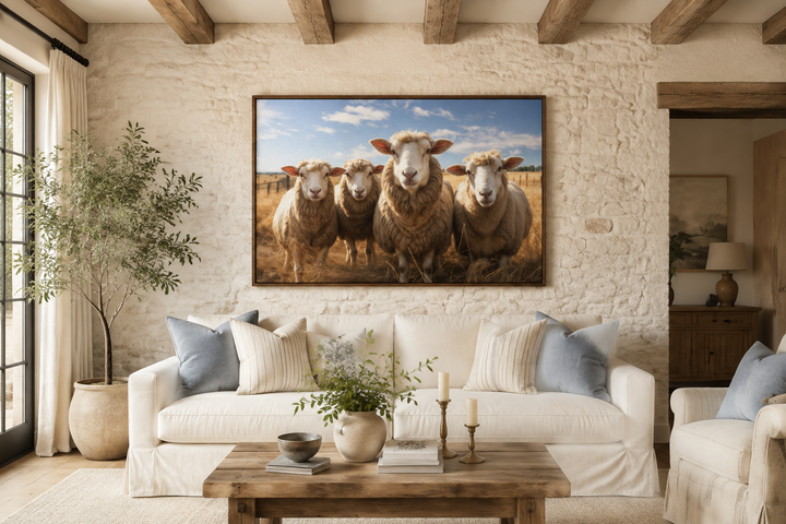 Farm sheep in the field framed canvas wall art above a white sofa in a rustic farmhouse living room.