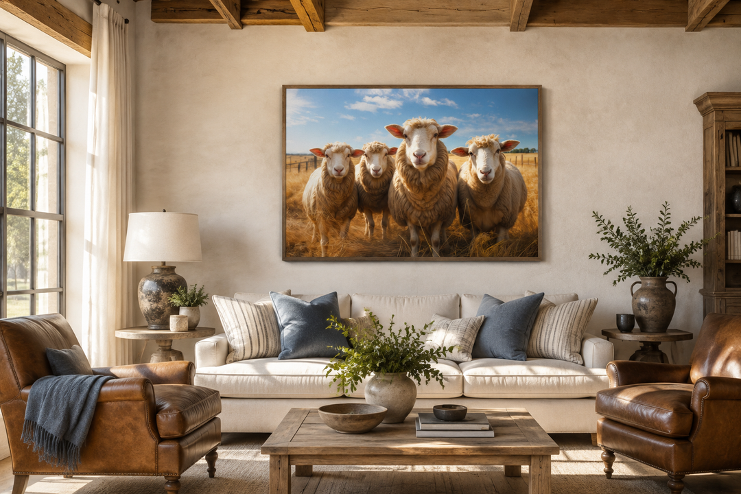 Farm sheep in the field framed canvas wall art hanging above a sofa in a rustic living room.