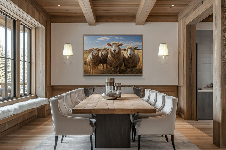 Framed canvas wall art of four sheep in a field, hanging in a rustic farmhouse dining room.