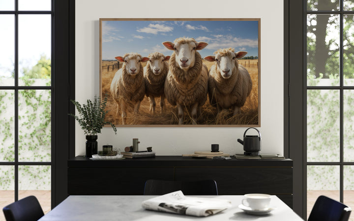 Framed canvas wall art of four sheep in a golden field, displayed in a farmhouse kitchen setting.