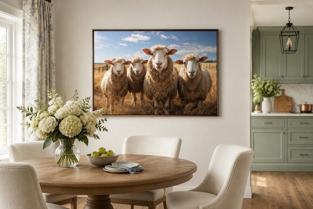 Framed canvas wall art of four sheep in a field, hanging in a farmhouse-style dining room.