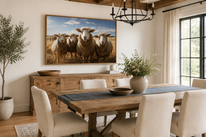 Farm sheep in the field framed canvas wall art hanging above a wooden sideboard in a dining room.