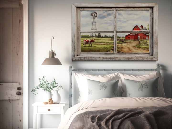 Farm With Red Barn And Cow Open Window Wall Art