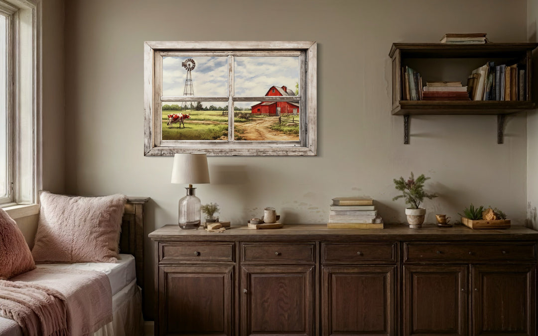 Farm With Red Barn And Cow Open Window Wall Art