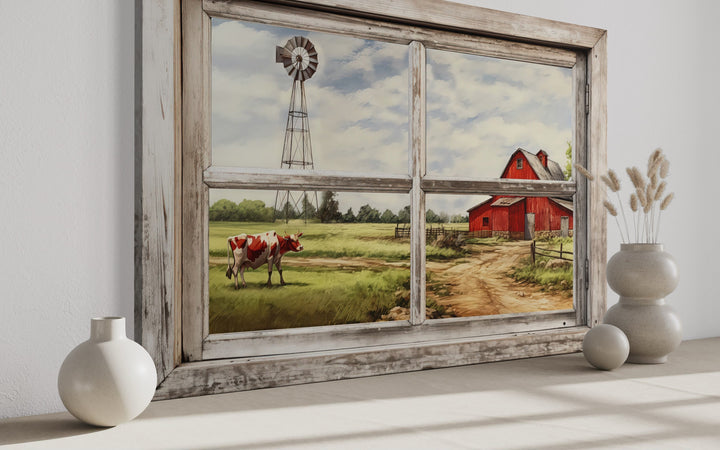 Farm With Red Barn And Cow Open Window Wall Art