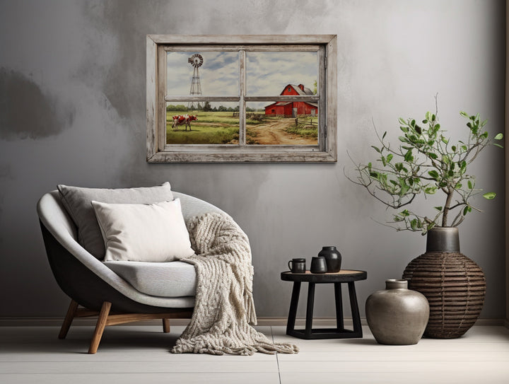 Farm With Red Barn And Cow Open Window Wall Art