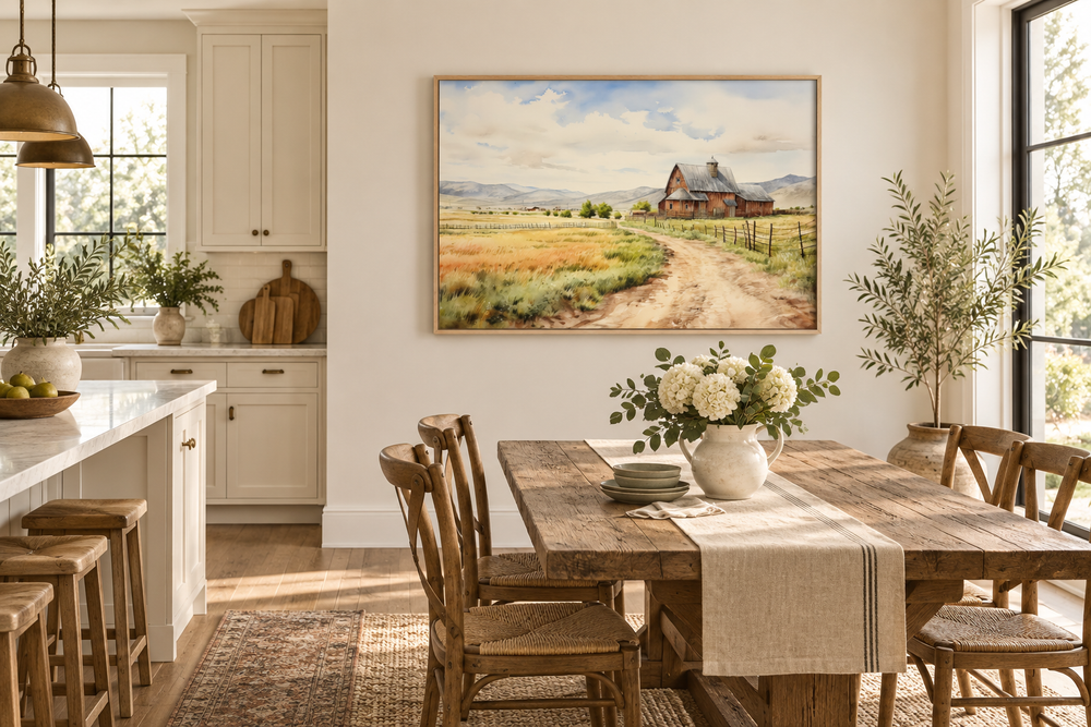 Old Barn in The Farm Field Vintage Rural Framed Canvas Wall Art in a farmhouse dining room.