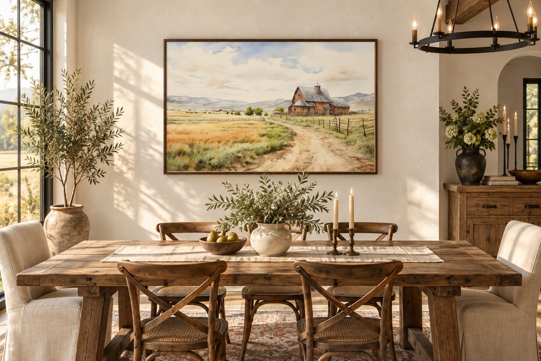 Old barn in a golden farm field vintage rural framed canvas wall art in a rustic dining room.
