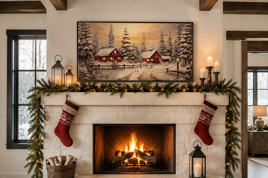 Framed canvas art of a snowy red barn scene displayed over a decorated fireplace mantel.