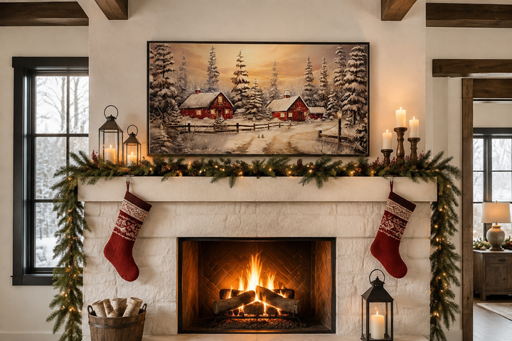 Framed canvas art of a snowy red barn scene displayed over a decorated fireplace mantel.