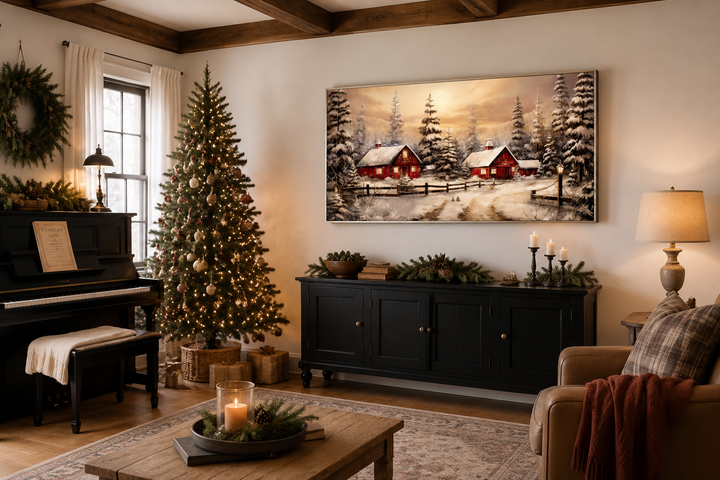 Framed canvas art of red barns in a snowy winter landscape above a black sideboard in a cozy room.