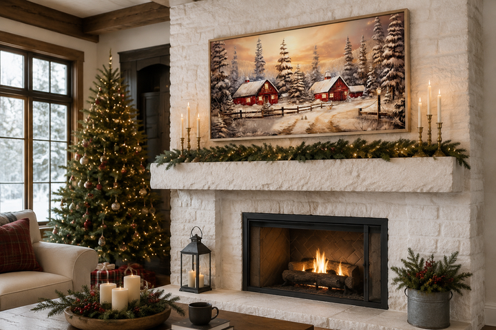 Framed canvas of a snowy red barn scene displayed above a fireplace with Christmas decor.