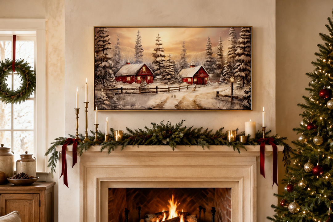 Framed canvas art of a snowy red barn scene displayed above a decorated fireplace mantel.