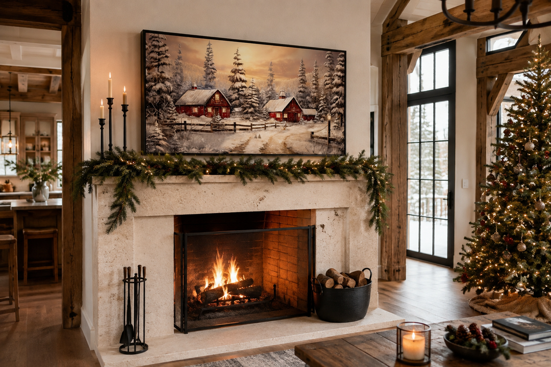 Red barn wall art in a black frame above a fireplace mantel with Christmas garland and decor.