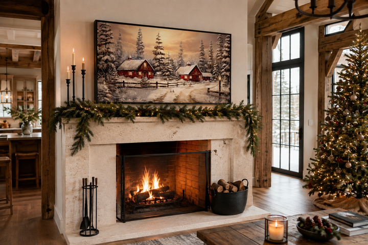Red barn wall art in a black frame above a fireplace mantel with Christmas garland and decor.