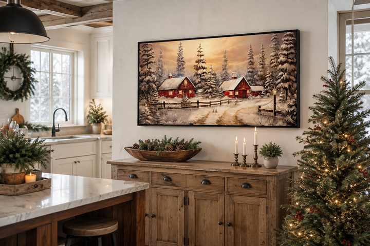 Framed canvas art of red barns in a snowy winter landscape above a rustic wooden sideboard.