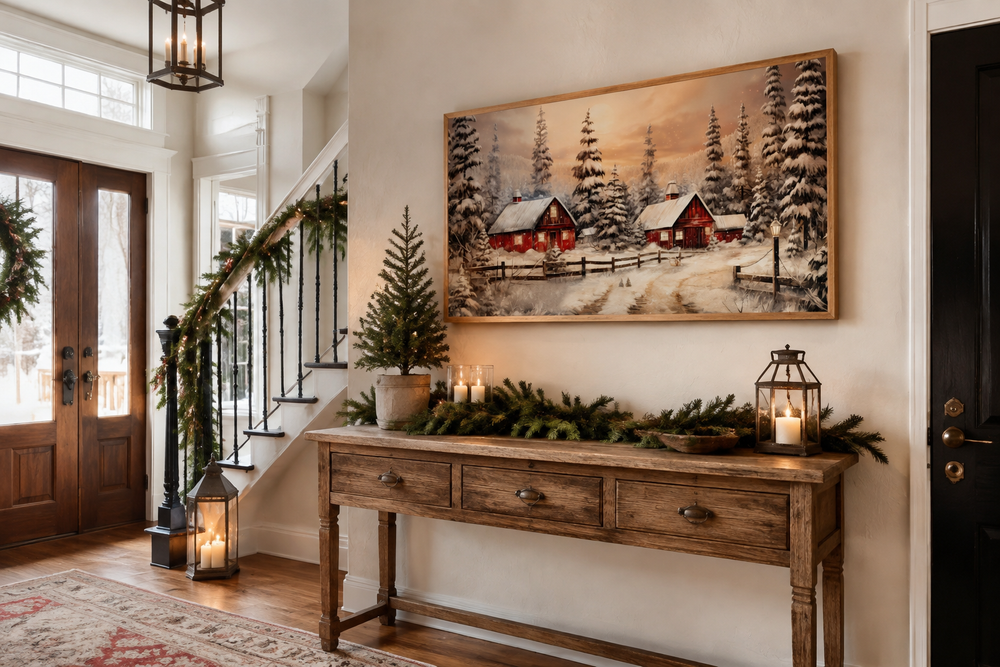 Rustic framed canvas art of red barns in a snowy winter landscape above a wooden console table.