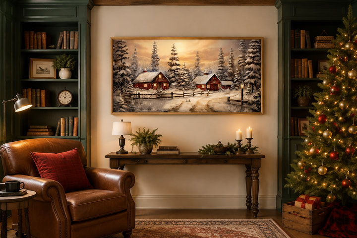Framed canvas art of a snowy red barn scene in a cozy living room with a Christmas tree.