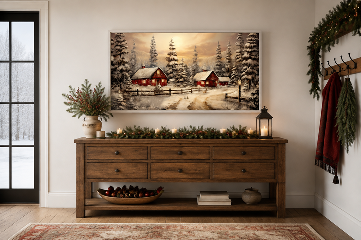 Red Barn Wall Art framed canvas featuring a snowy winter farm scene above a rustic wooden sideboard.